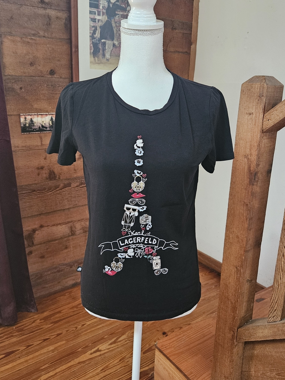 Karl Lagerfeld Women’s Black Graphic Tee with Eiffel Tower Motif